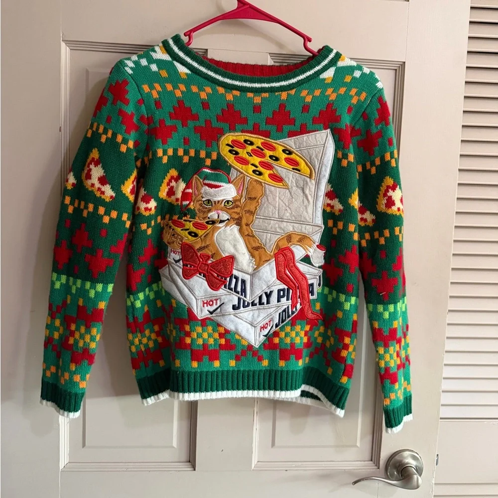 Boys Ugly Christmas Sweater Cats And Pizza - Small Hole See Pic Size M - Picture 1 of 7